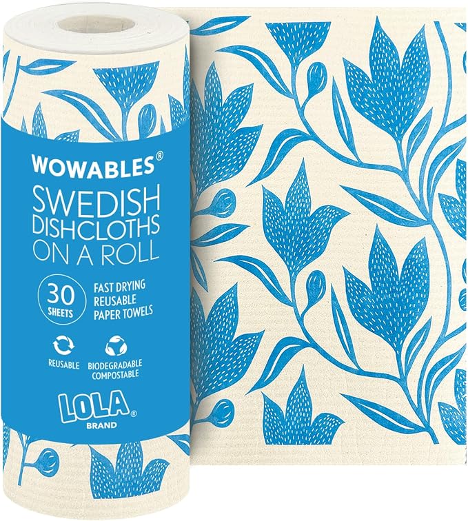 LOLA Swedish Dishcloths XL on a Roll, 30 Sheets, Floral Pattern, Perforated Tear-Off 11" x 10" Sheets w/Hook, Reusable Absorbent Unpaper Towels Cellulose Sponge Cloth Biodegradable Made in Germany by LolaProducts