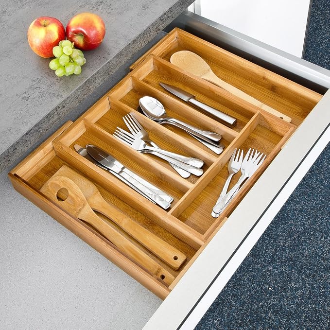 Relaxdays Adjustable Bamboo Tray, Extendible, with 5 to 7 Compartments, Size: 5 x 48.5 x 37 cm, Drawer Insert, Natural Brown - Image 2