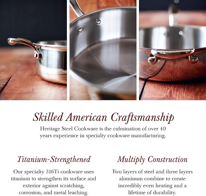 Heritage Steel 5 Quart Sauteuse Pan with Lid - Titanium Strengthened 316Ti Stainless Steel with 5-Ply Construction - Induction-Ready and Fully Clad, Made in USA - Image 3