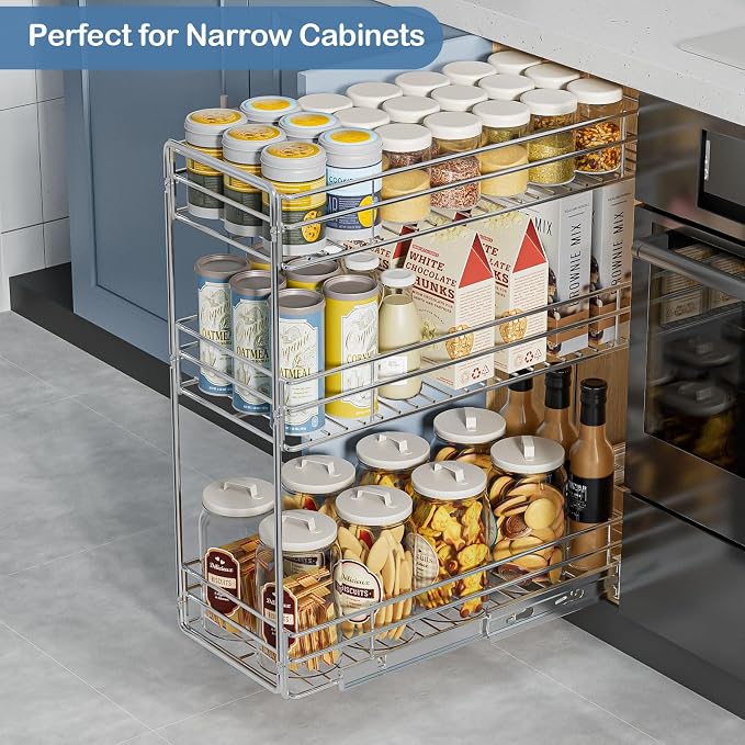 ROOMTEC Pull Out Spice Rack for Narrow Cabinet (8½" W X 20½" D),3 Tier Slide Out Cabinet Organizer and Pull Out Shelves Under Cabinet Storage for Kitchen, Chrome - Image 2