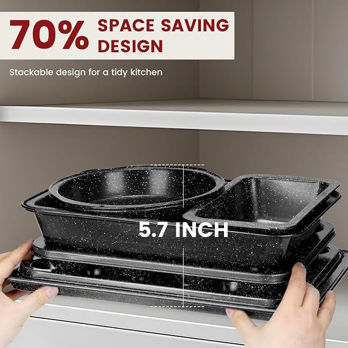 Terlulu 10-Piece Baking Pans Set, Bakeware Sets Nonstick, Baking Set for Oven Cooking, Stackable Carbon Steel Set Include Cookie Sheets, Muffin Pan, Cake Pan, Pizza Pan, Loaf Pan, Roasting Pan, Black - Image 7