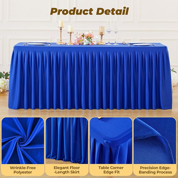 Royal Blue Polyester Table Cloths for Rectangle 8 Foot Tables, 6 Pack Wrinkle Free Tablecloths Stretchy Banquet Ruffle Fitted Table Cover Desk Skirt for Parties Wedding Birthday Baby Shower - Image 4
