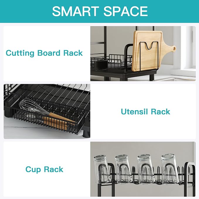 BOOSINY 2 Tier Black Dish Drying Rack and Drainboard with Utensil Holder - Image 4
