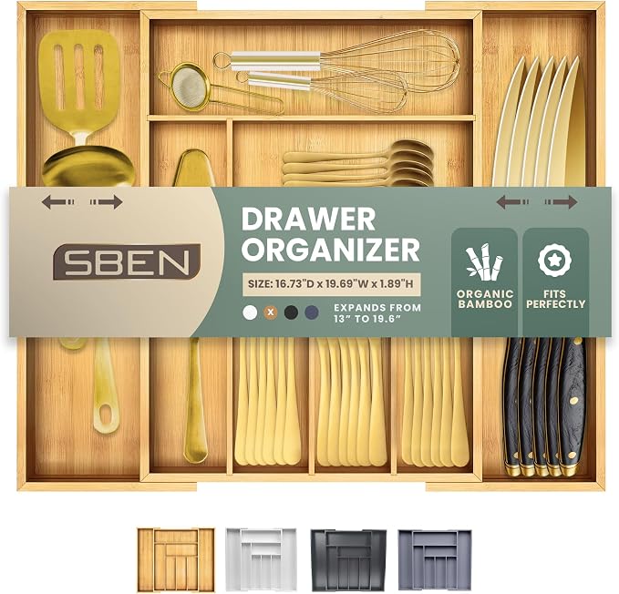 Sben Bamboo Cutlery Drawer Organizer, Expandable up to 19.7 Inch Silverware Drawer Organizer with 8 Compartments, Utensil Tray and Flatware Organizer for Kitchen Drawers (Bamboo, Large) by SBEN