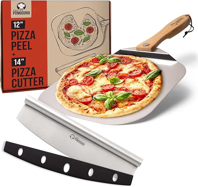 Chef Pomodoro Pizza Peel and Cutter Set, Foldable Handle, 12x14 in | Commercial-grade Aluminum, Foldable Wood Handle; Pizza Spatula/Paddle for Bread & Pastries; Compact for Storage by ChefPomodoro