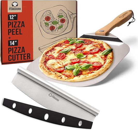 Chef Pomodoro Pizza Peel and Cutter Set, Foldable Handle, 12x14 in | Commercial-grade Aluminum, Foldable Wood Handle; Pizza Spatula/Paddle for Bread & Pastries; Compact for Storage by ChefPomodoro