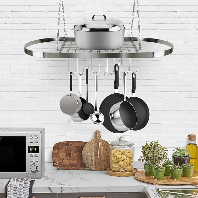 Sorbus Hanging Pot Rack, Ceiling-Mount Kitchen Organizer (Chrome) | Decorative oval fixture with hooks arranges cookware, utensils and books for practical overhead use in homes or restaurants. - Image 5