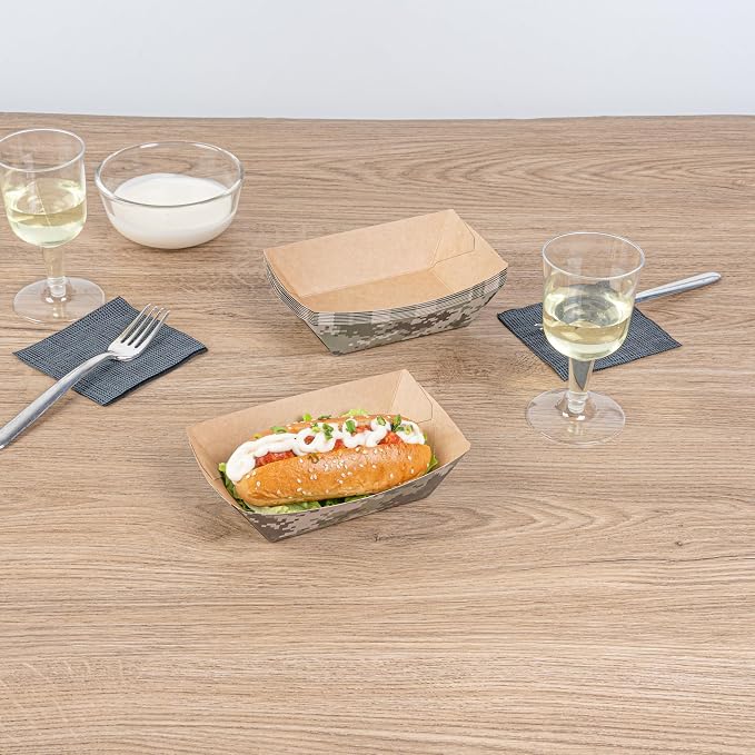Restaurantware-Bio Tek 1/2 Pound Food Trays, 400 Disposable Paper Food Trays - Heavy-Duty, Greaseproof, Camouflage Paper Food Boats, For Snacks, Appetizers, Or Treats, Use At Parties Or Carnivals - Image 7