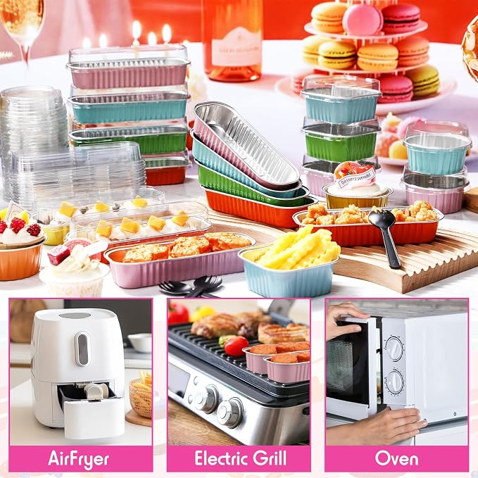 Blushtier 180 Set/360 Pcs Mini Loaf Pans with Lids and Spoons Disposable Mini Cake Pans, 6.8, 5, 4.2 oz Square Rectangle Round Aluminum Foil Cupcake Baking Cups Dessert Liners Tins for Desserts - Image 3
