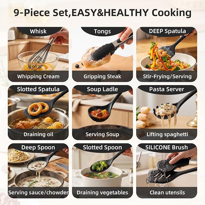 Kitchen Utensils Set,9 PCS Silicone Cooking Utensils Set Spatula Set,Non Toxic Cooking Utensils,Tongs,Spoon,Whisk,Brush,BPA Free Kitchen Gadgets for Non-Stick Cookware,Home Essential(Black-9P) - Image 2