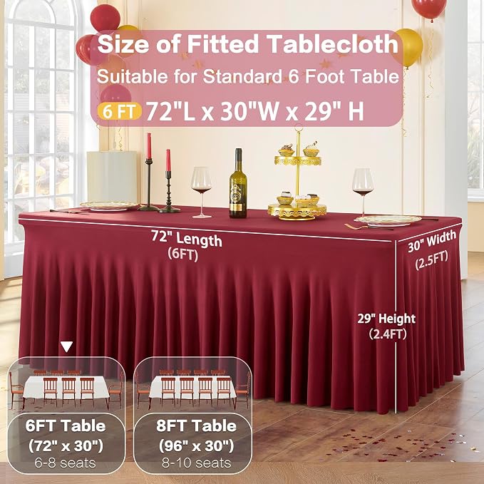 3 Pack Burgundy Spandex Tablecloth for 6 foot Rectangle Tables, Wrinkle Free Fitted Table Cloth Cover 6ft Maroon Stretchy Tablecloths with Skirt for Parties Weddings Birthday Banquet Baby Shower - Image 4