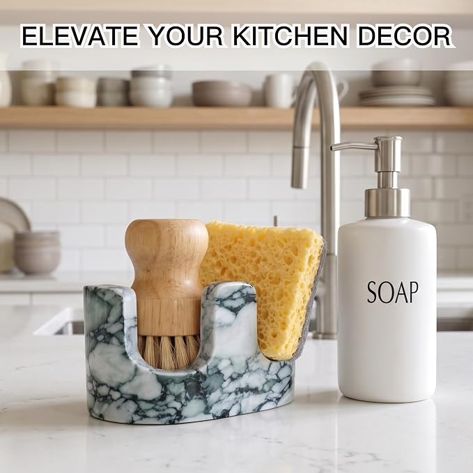 Jade Green Marble Sponge Holder for Kitchen Sink, Dual Slot Stone Caddy - Image 7