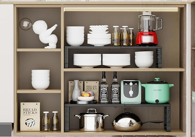 Jojocross Expandable Stackable Spice Rack Organizer for Kitchen Cabinet,Adjustable Counter Shelf, countertop, Pantry,Cupboard,Bathroom,Bedroom(1Pack/Black/Large) - Image 4