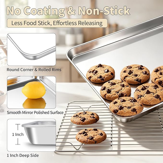 TeamFar Stainless Steel Baking Sheet with Rack Set, 16"x12"x1" | 2 Pans + 2 Racks, Cookie Sheet Baking Pan Tray with Cooling Rack for Cooking, Non-Toxic & Rust Proof, Dishwasher Safe - Image 3