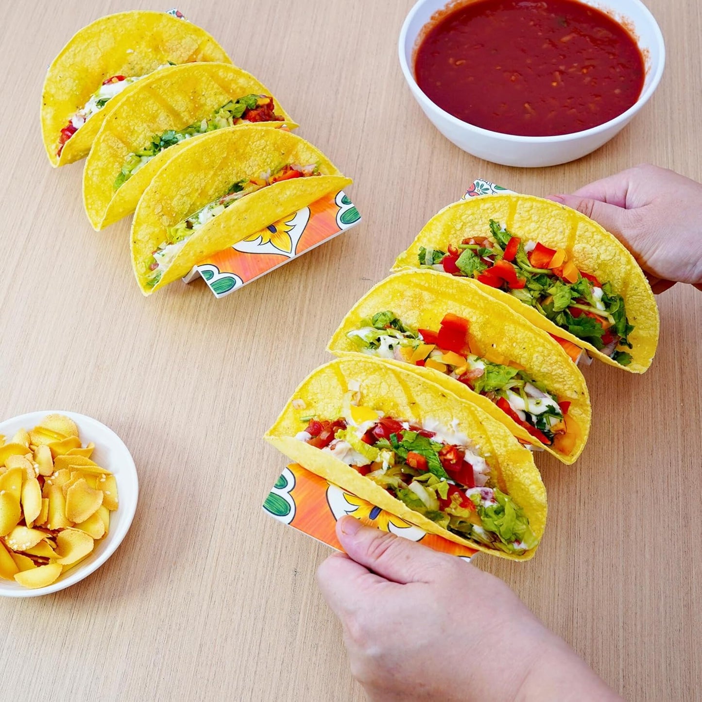 TP Taco Holder Stands, Set of 2 Melamine Large Taco Serving Rack Tray with Handle, Holds 3 Tacos, Dishwasher Safe, Ideal for Taco Night, Party, Home, Fiesta, Talavera Bloom