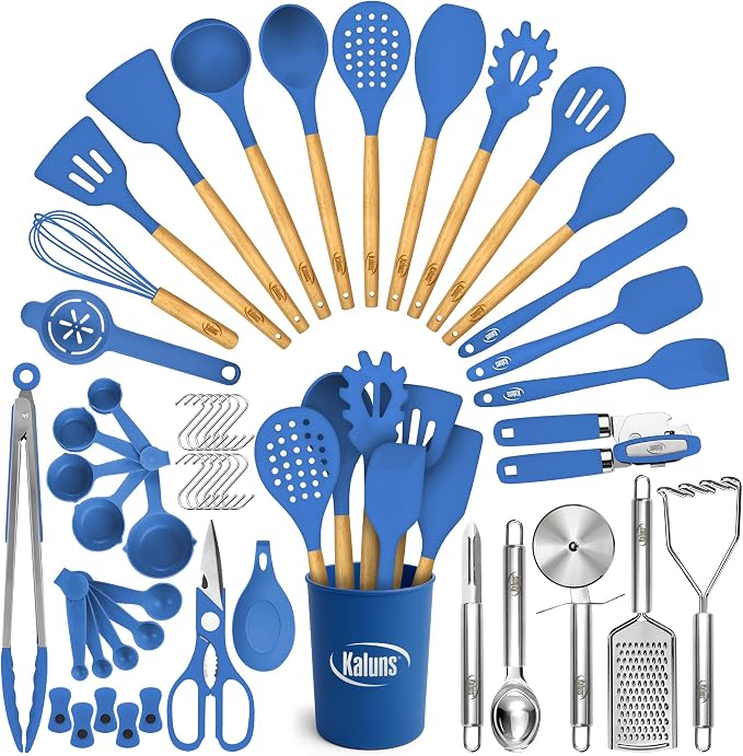 Kaluns 50 PCS Silicone Kitchen Utensils Set Complete Kitchen Set - 800°F Heat Resistant Non-Stick Premium Silicone Cooking Utensils W Wooden Handles - Can Opener, Masher, Turner, Silicone Spatula Set by Kaluns%C2%AE