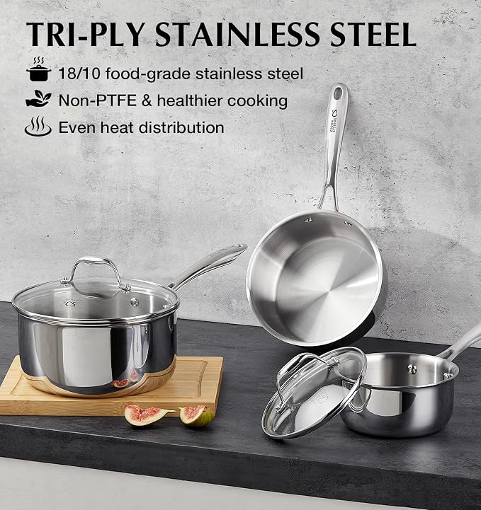 KOCH SYSTEME CS Triply Stainless Steel Saucepan Set, 1QT & 2QT & 3QT Stainless Steel Pot Set with lid, Diswasher & Oven Safe, Induction Compatible Pot, 6PCS - Image 6