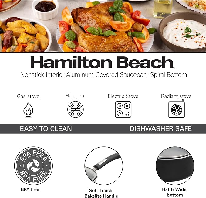 Hamilton Beach Aluminum Covered Cookware Set, Nonstick Saucepan Frypan, Dutch Oven with Soft Touch Bakelite Handle, | Spiral Bottom- Multipurpose Use | Durable & Dishwasher Safe |10pc, Black | - Image 7