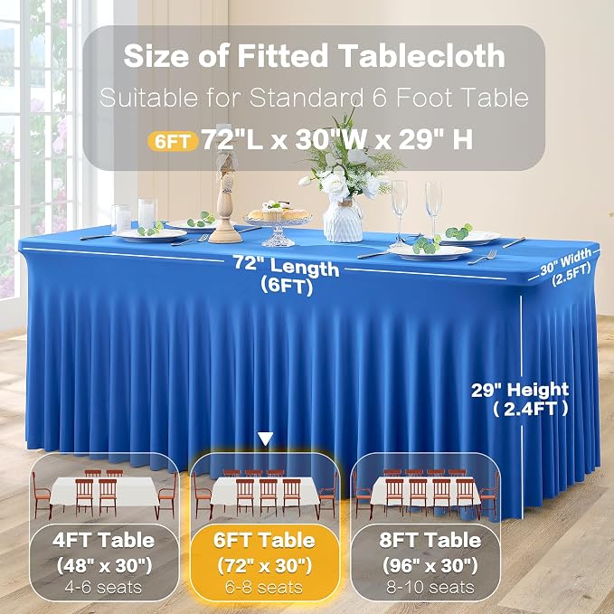 2 Pack Royal Blue Spandex Table Clothes for 6 Foot Rectangle Tables, Wrinkle Free Fitted Table Cover 6ft Stretchy Tablecloths with Skirt for Parties Weddings Birthday Banquet Baby Shower - Image 6