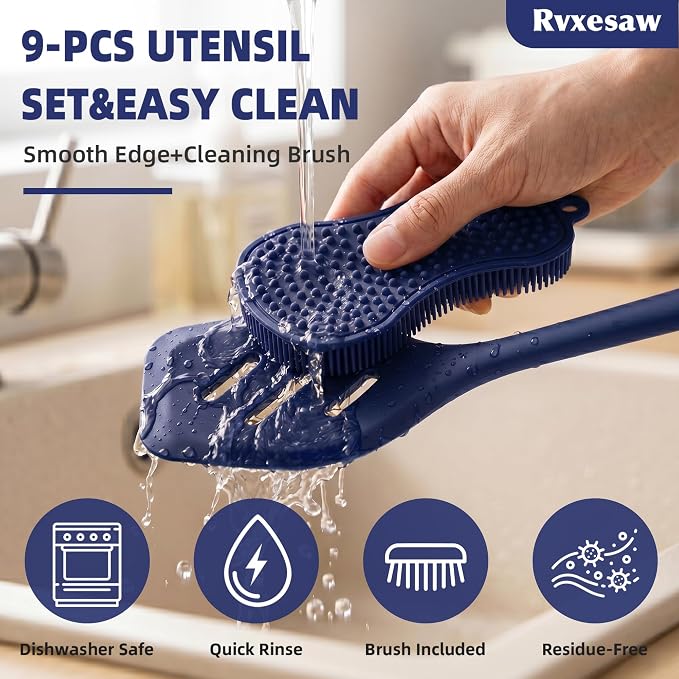 Kitchen Utensils Set,9 PCS Silicone Cooking Utensils Set Spatula Set,Tongs,Spoon,Whisk,Brush,Dishwasher Safe Kitchen Gadgets for Non-Stick Cookware,Home Essential，Kitchen Appliances(Navy Blue) - Image 7