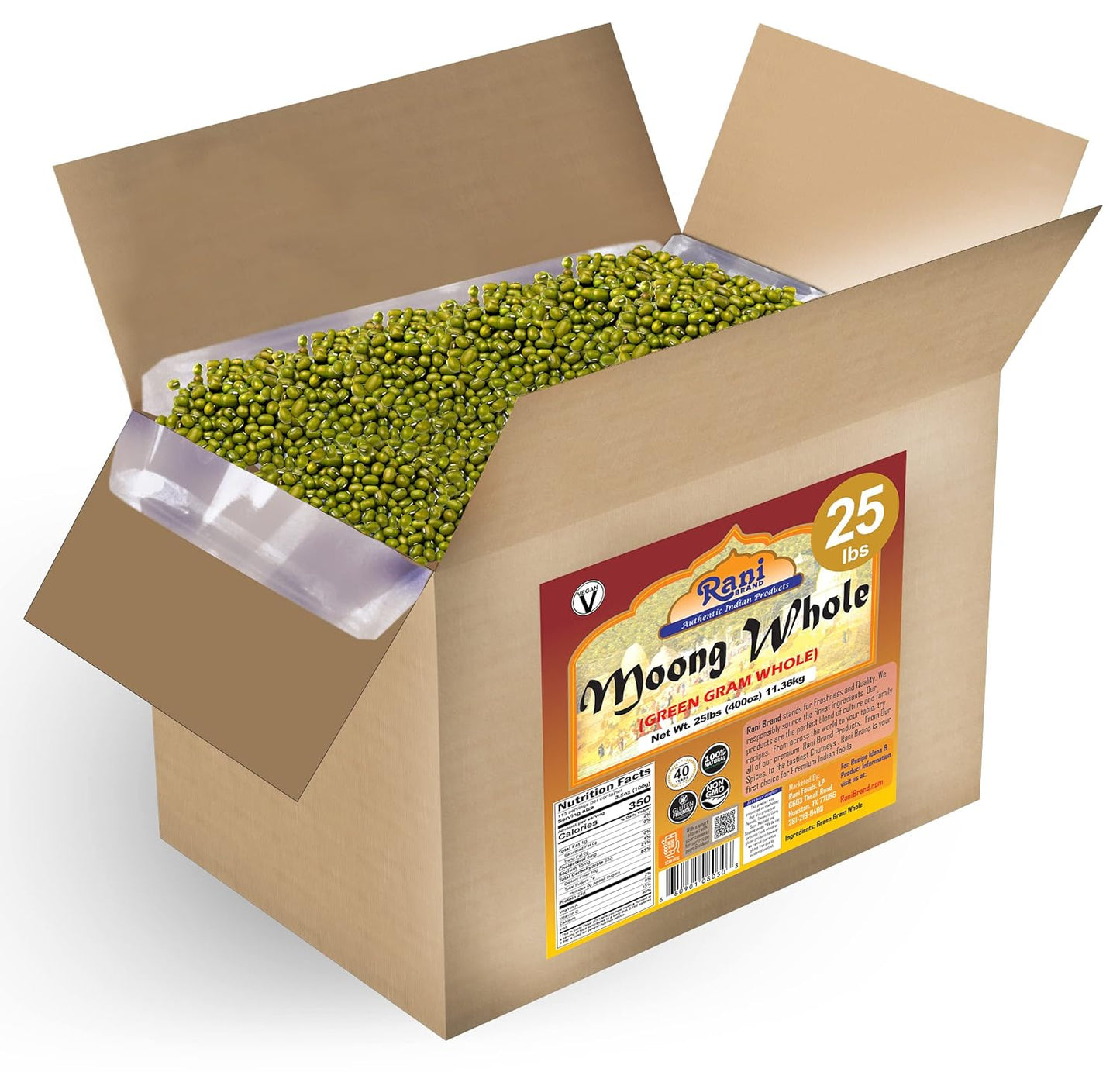 Rani Moong Whole (Ideal for cooking & sprouting, Whole Mung Beans with skin) Lentils Indian 400oz (25lbs) 11.36kg Bulk Box ~ All Natural | Gluten Friendly | Non-GMO | Kosher | Vegan | Indian Origin