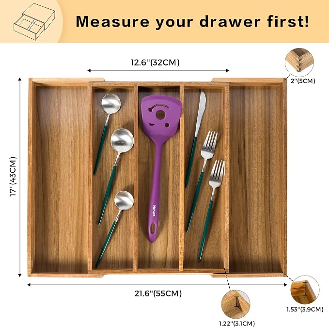 Utoplike Bamboo Silverware Tray Acacia Kitchen Drawer Organizer Expandable - Image 5