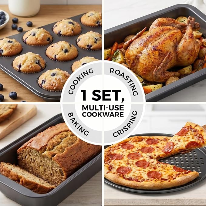 PERLLI Non-Stick 10-Piece Bakeware Set – Carbon Steel with Even Heat Distribution, Oven Safe to 446°F, BPA-Free, Dishwasher Safe, Stackable Baking Tools for Easy Storage and Everyday Cooking - Gray - Image 5