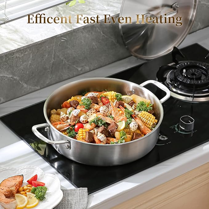 DELARLO Tri-Ply Stainless Steel 6 Quart Braiser Pan with Lid - Image 5