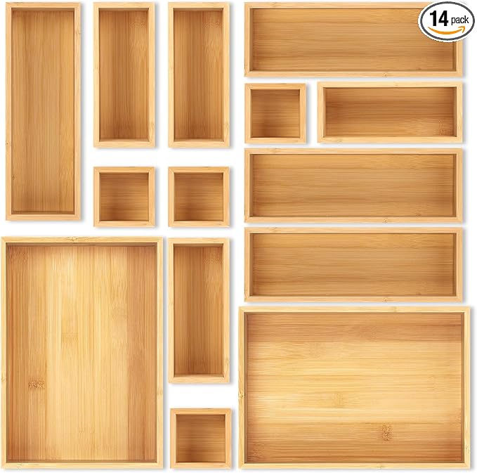 MapleGrace Bamboo Drawer Organizer Set, 14 PCS Wood Storage Organizers by MapleGrace