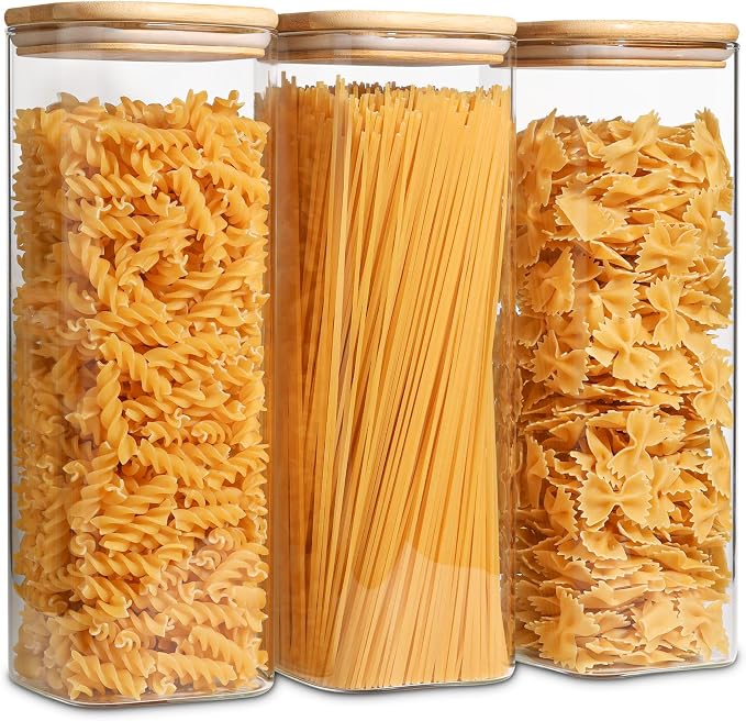 ComSaf Pasta Containers Storage 2.2 Qt, Spaghetti Jar, Set of 3 Tall Jars | Glass Storage Containers with Lids, 11.3-inch High Glass Kitchen Canisters Square, Cereal, Noodles, Oats, Dry Food, BPA Free by ComSaf