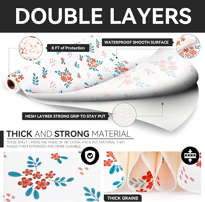 RAY STAR 18 Inch x 8 Ft Shelf Liner for Kitchen Cabinets, Non-Adhesive Cabinet Liner Washable, Drawer Liner for Dresser Non-Slip Bathroom [White Red Floral](10 Rolls) - Image 5