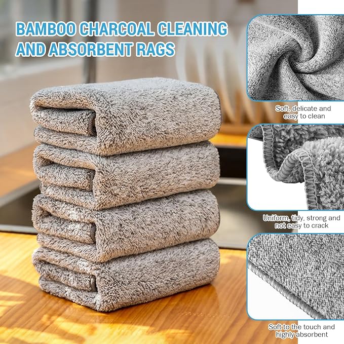 Reusable Kitchen Rags Cleaning Cloths Towels Microfiber Washcloths Dish Cloth Dishtowels Household Bamboo Charcoal Dishcloth Kitchen Thickened Wipe Table Absorbent Oil Off Easy to Clean (50) - Image 2