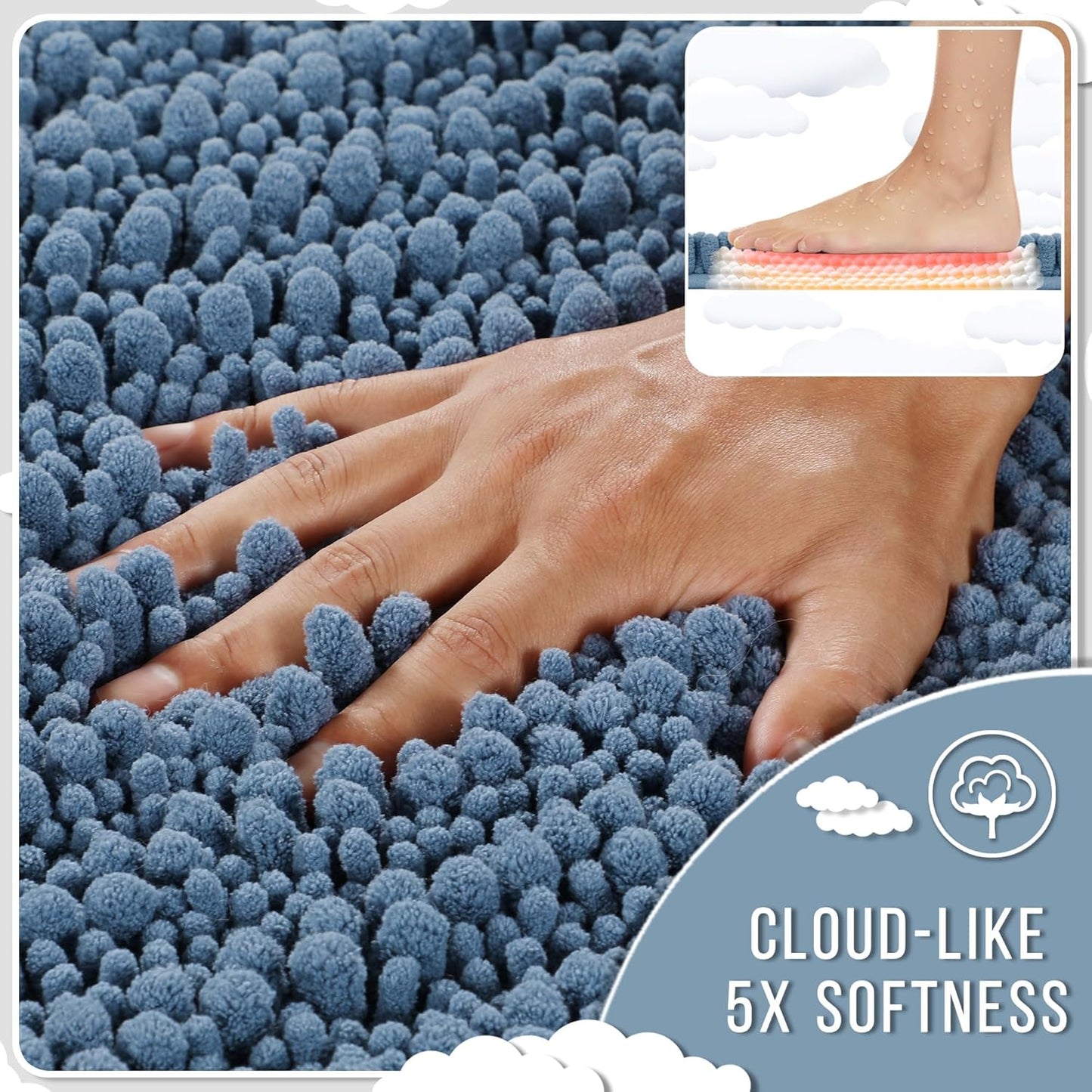 Yimobra Bathroom Runner Rug 60x24 Inch - Extra Long Non Slip Chenille Bath Mat, Soft & Absorbent, Machine Washable Shaggy Hallway Carpet for Vanity Tub Shower, Denim Blue Home Decor Accessories