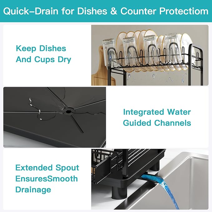 BOOSINY 2 Tier Black Dish Drying Rack and Drainboard with Utensil Holder - Image 5