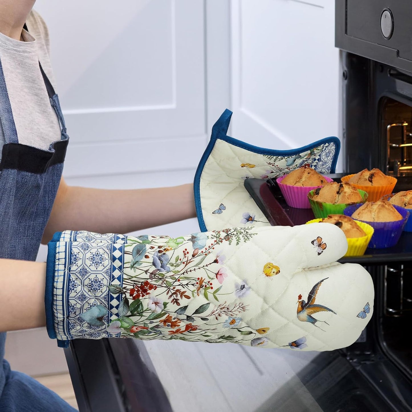 Retro Wildflowers Oven Mitts and Pot Holders Sets 100% Cotton Heat Resistant, Extra Long Oven Gloves Potholder for Kitchen Cooking Baking Housewarming