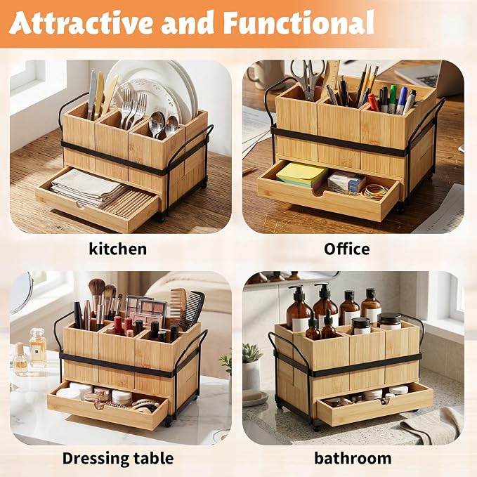 Qunclay Bamboo Wood Silverware Caddy with Drawer, 4 Compartments - Image 5