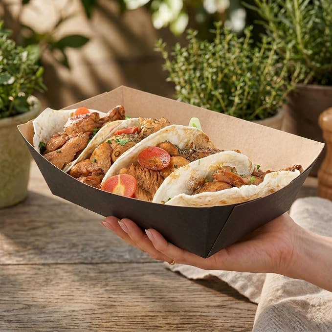 Restaurantware-Bio Tek 2-pound Food Trays, 200 Disposable Paper Food Trays - Heavy-Duty, Greaseproof, Black Paper Food Boats, For Snacks, Appetizers, Or Treats, Use At Parties Or Carnivals - Image 5