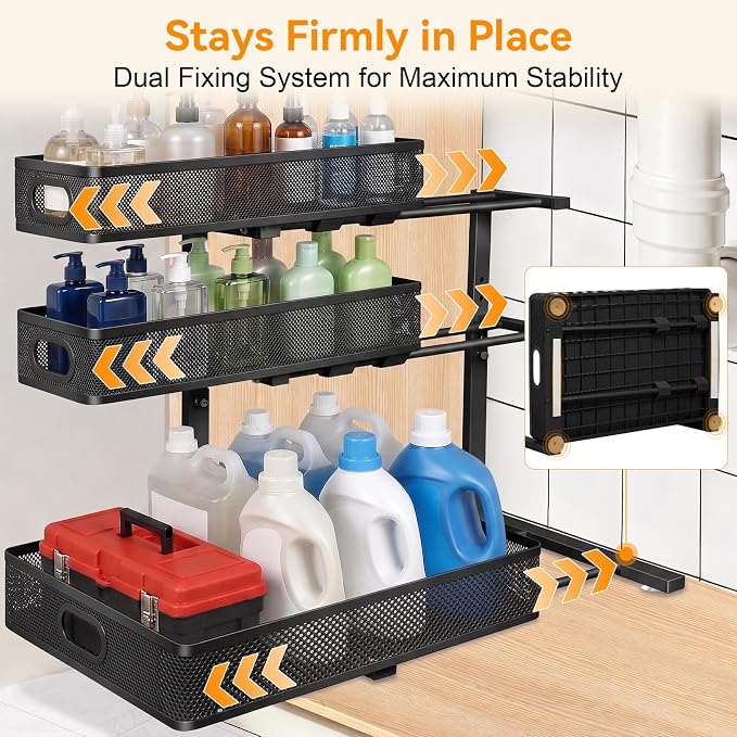3 Tier Adjustable Under Sink Organizer for Bathroom & Kitchen(1Pack, Black) - Image 6