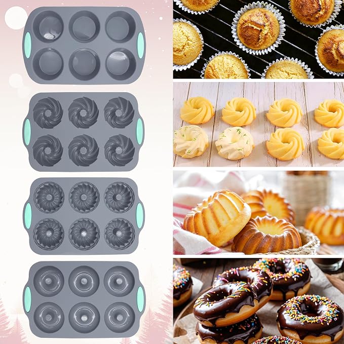 Tongjude 8 Pieces Silicone Donut Pans, Nonstick Silicone Muffin Pans, Heat Resistant Kitchen Oven Baking Cups, Dishwasher Safe and Microwave Safe, Grey - Image 2