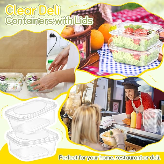 50 Pack 24 oz Deli Containers with Lids, Leakproof, Tamper Proof | Stackable Square, Clear Plastic Food Storage, Meal Prep Containers for Soup, Desserts & Salad, Microwave & Dishwasher Safe - Image 3