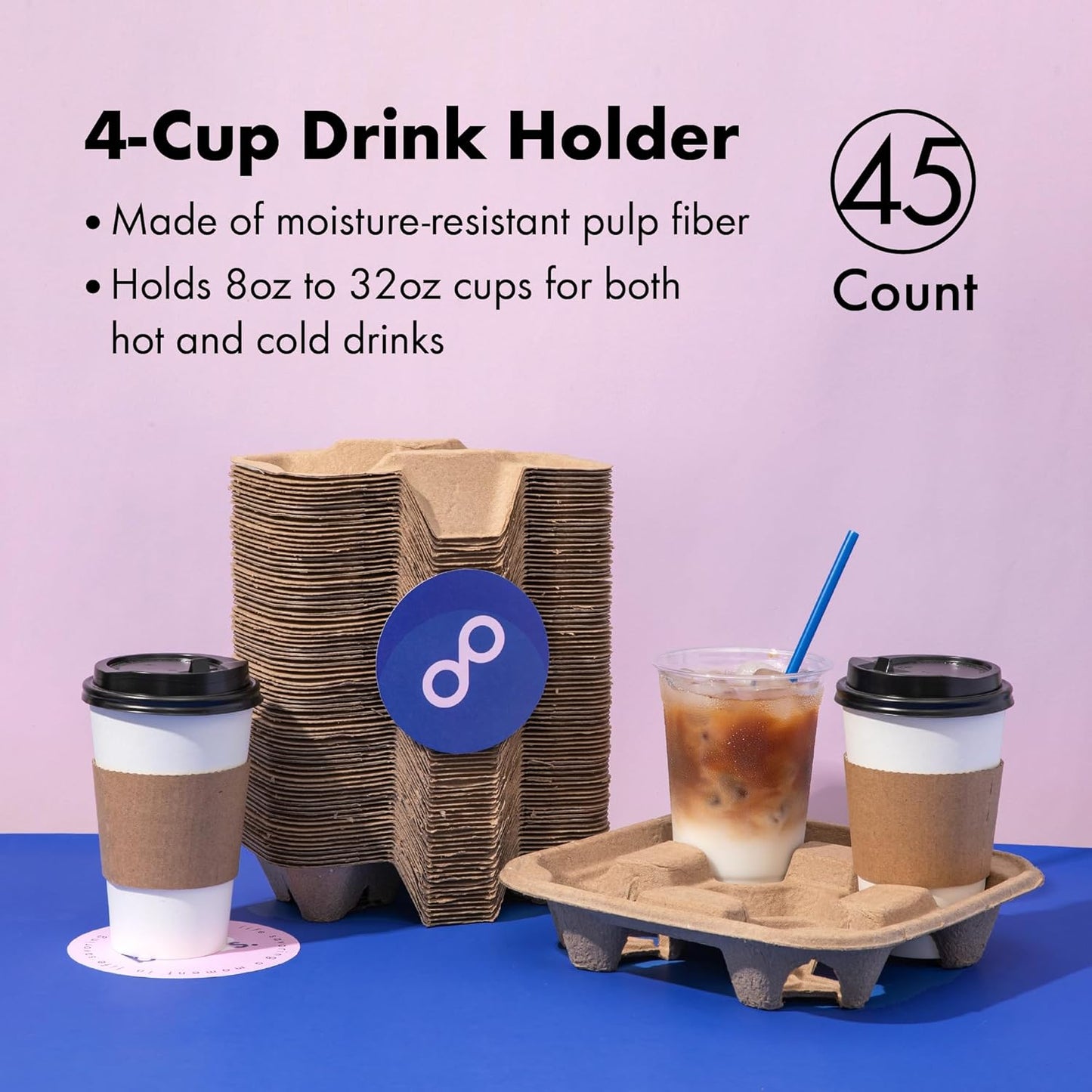 FMP Brands 4 Cup Disposable Drink Carrier Trays, 45 Pack Compostable Pulp Fiber Cup Holder for 8-32 oz Cup, Durable to Go Coffee Cup Holders for Delivery Service, Uber Eats