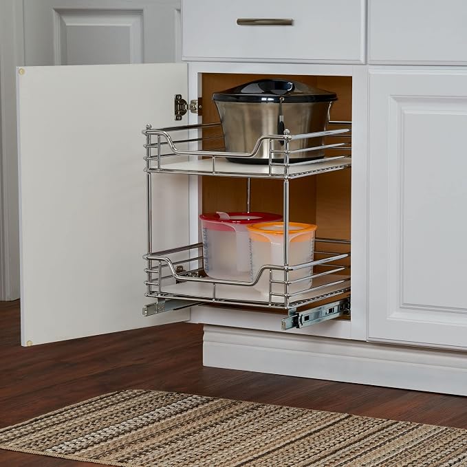Household Essentials Glidez Chrome-Plated Steel Pull-Out/Slide-Out Storage Organizer with Plastic Liners for Under Cabinet Use - 2-Tier Design - Fits Standard Size Cabinet or Shelf, Chrome - Image 3
