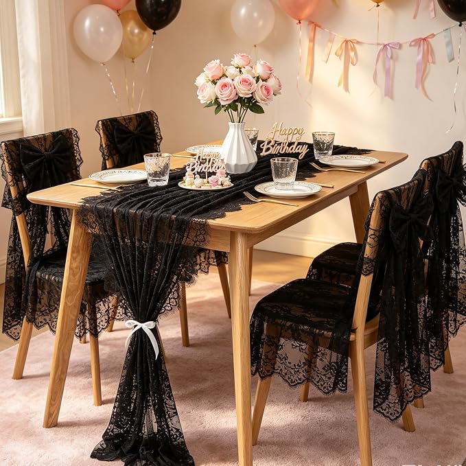 Black Lace Table Runner 2 Pcs 30x120 Inch Vintage Rustic Tabletop Dinner - Image 2