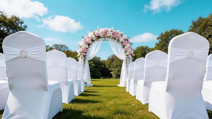 Wedding White Chair Sashes 100 Pack Spandex Chair Bands with Buckles Slider Chairs Bows for Party Birthday Bridal Shower Engagement Anniversary Christmas Event Decorations - Image 5