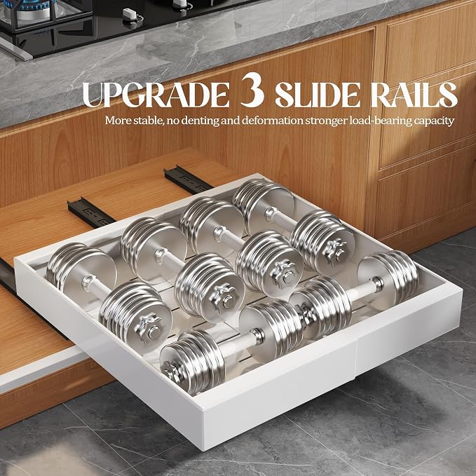 Seinloes 6 Pack Expandable Pull Out Cabinet Organizer 21"Deep With Raising Pad for Framed Cabinets,Upgrade 3 Slide Rails Slide Out Drawers,No Drill Roll Out Shelves,Adjustable Width 12.1"-20.4" White - Image 5