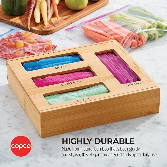 Copco Bamboo Storage Bag Organizer with Labels - 4-Compartment Kitchen Drawer or Wall Mount Holder for Gallon, Quart, Sandwich and Snack Bags, 13 x 12 x 3 Inches - Image 5