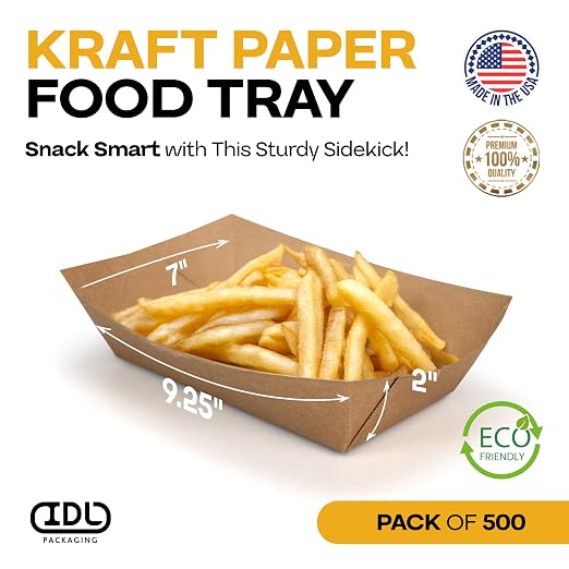 IDL Packaging 5 lb Kraft Paper Food Tray - Poly Coated for Extra Moisture Resistance - Recyclable - Serving Tray for Fries, Burgers, Appetizers and Side Dishes - Proudly Made in USA (Pack of 500) - Image 2