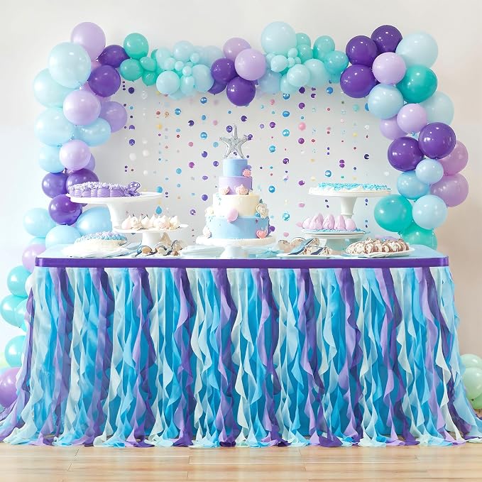 Partisky Mermaid Tulle Tutu Ruffle Curly Willow Table Skirt for Rectangle Table 17ft, Mermaid Themed Party Table Cloth for Girls Birthday Party or Baby Shower - Image 9