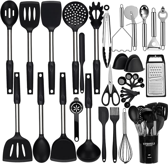 NCUE 35 Pcs Silicone Cooking Utensils Set BPA Free 446°F Heat Resistant | Stainless Steel Handles Kitchen Utensils Set, Thickened Heads Silicone Grips Nonstick Dishwasher Safe for Baking Housewarming by NCUE