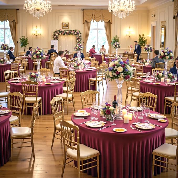 leegleri 8 Pack Spandex 72in Burgundy Round Tablecloths, Stretchy 132inch Fitted 6FT Round Table Cloths, Wrinkle Free Table Cover with Skirt for Wedding Birthday Party Bridal Shower Banquet - Image 5